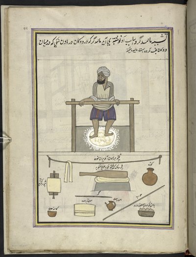 رجل يصنع قماشًا صوفيًا ناعمًا "(ماليدا)"  86 رسمة مجمعة في مجلد تصور الحرف والمهن في كشمير ، يظهر الحرفيون في العمل بأدواتهم ومعداتهم ،  بواسطة فنان من كشمير ، ربما في سريناغار ، حوالي 1850-60 (الغواش على pap بواسطة المدرسة الهندية