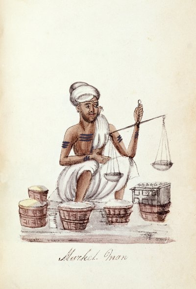 رجل السوق ، من "ملخص لطوائف الهند المختلفة" ، بقلم فينكاتا راماسفاني ، نشر مدراس 1837 (ليثو ملون) بواسطة المدرسة الهندية