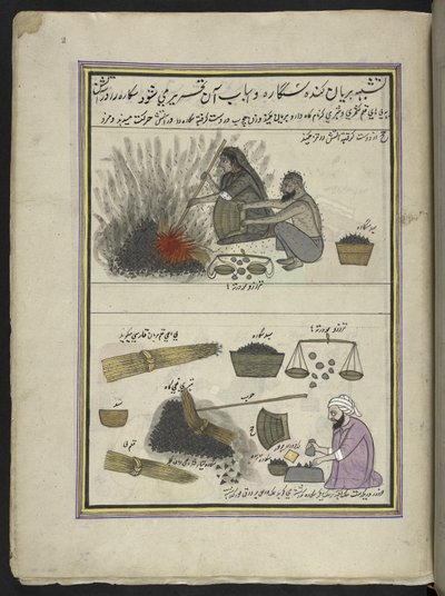 رجال ونساء يشوي ماء كستناء ،  86 رسمة مجمعة في مجلد تصور الحرف والمهن في كشمير ، يظهر الحرفيون في العمل بأدواتهم ومعداتهم ،  بقلم فنان من كشمير ، ربما في سريناغار ، حوالي 1850-60 (غواش على ورق بواسطة المدرسة الهندية