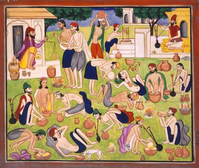رجال يدخنون الأفيون ، جالسين أو مستلقين على الأرض ، حوالي 1870 (ألوان مائية على ورق) بواسطة المدرسة الهندية