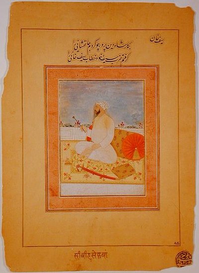 صورة مصغرة لسيف خان ، حاكم أجرا ، هندي ، حوالي 1670-80 (أصباغ معدنية غير شفافة على ورق مصقول) بواسطة المدرسة الهندية