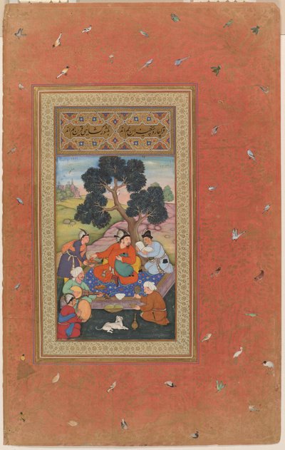 الزعيم المغولي والحاشية، صحيفة من ألبوم غولشان (ألبوم حديقة الورود)، حوالي 1600 (ألوان مائية غير شفافة وحبر وذهب على ورق) بواسطة المدرسة الهندية