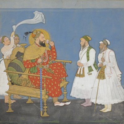 محمد عادل شاه الثاني مع الحراس والحاضرين (مرحاض غير شفاف وذهب على ورق) بواسطة المدرسة الهندية