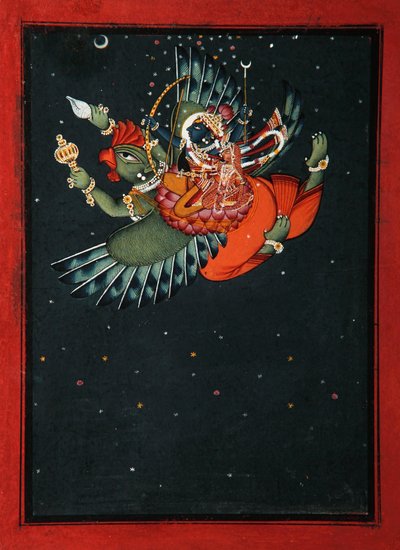 على جناحي جارودا: يطير كريشنا وساتياباما عبر سماء الليل ، c.1750 (مرحاض غير شفاف وذهب على ورق) بواسطة المدرسة الهندية