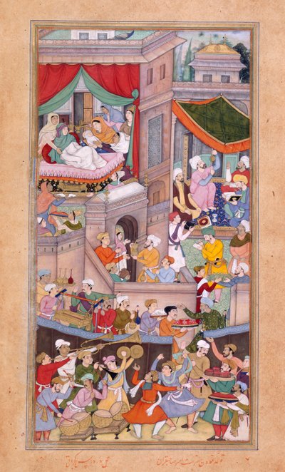 أو. 12988، f.34v المنجمون يلقيون الأبراج خلال الاحتفالات بميلاد تيمور (1336) لسورداس غوجاراتي بواسطة المدرسة الهندية