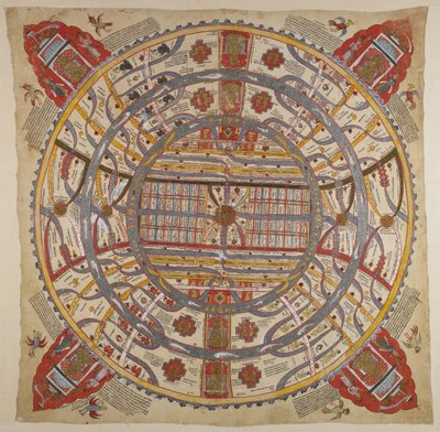 أو 13937 f.1 رسم تخطيطي للكون ، مع نص باللغة السنسكريتية والغوجاراتية (ألوان مائية على القماش) بواسطة المدرسة الهندية