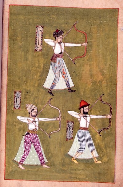 Or 14143 f.16v Archers، from Hidayat al-Ramami (ملون ليثو). بواسطة المدرسة الهندية