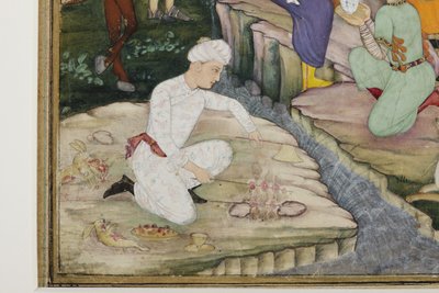 التنزه أثناء الصيد ، التفاصيل ، c.1615 (مرحاض غير شفاف على الورق) بواسطة المدرسة الهندية
