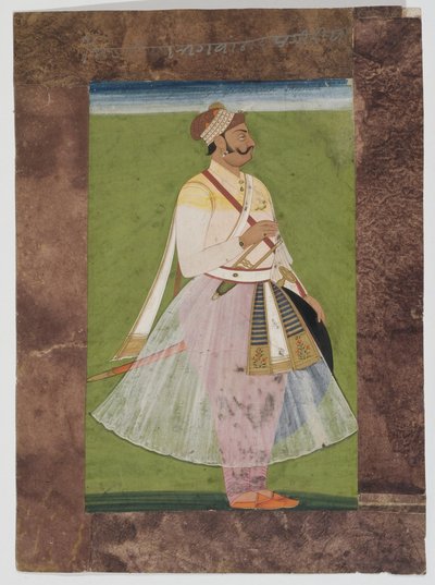 صورة لرئيس Rathor Bhagwan Das ، لعشيرة Mertia في Rian ، Jodhpur ، 1820 (غواش مثبت على ورق هندي مع حدود ورق بني مركب) بواسطة المدرسة الهندية