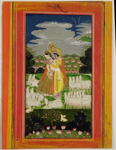 رادها وكريشنا يحتضنان في المناظر الطبيعية المثالية مع الأبقار ، c.1780 (مرحاض غير شفاف على الورق) بواسطة المدرسة الهندية