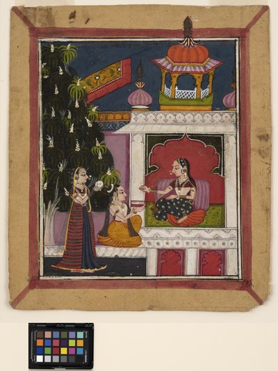 ؟ راجا: رجل راكع يعرض كتابًا لسيدة في جناح ، حوالي 1800 (ألوان مائية غير شفافة على ورق) بواسطة المدرسة الهندية