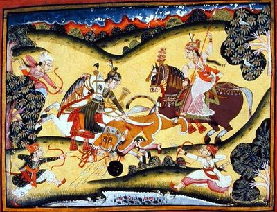أميرات راجبوت تقتل أسدًا ، مدرسة بوندي ، حوالي 1810-20 (جواش على ورق) بواسطة المدرسة الهندية