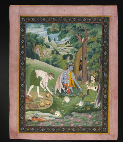 راما ، لاكشمانا ، وسيتا للطبخ والأكل في البرية ، c.1820 (الغواش بالذهب على الورق) بواسطة المدرسة الهندية