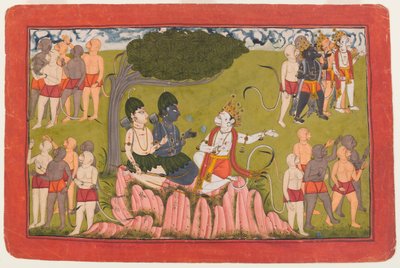 راما ولاكشمانا يجتمعان مع سوغريفا حول البحث عن سيتا ، الورقة من سلسلة رامايانا المتفرقة ، c.1770-10 (مرحاض على ورق) بواسطة المدرسة الهندية