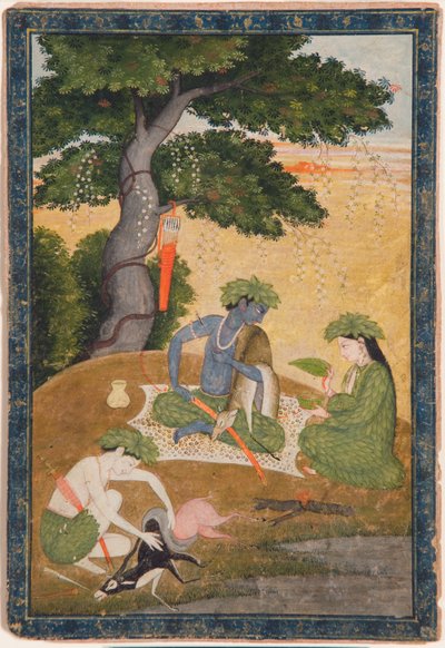 راما ، مع سيتا ولاكشمانا في الغابة ، من رامايانا ، c.1790 (مرحاض غير شفاف وذهب على ورق) بواسطة المدرسة الهندية