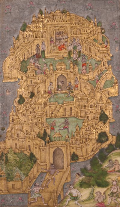 قلعة رافاناس الذهبية في لانكا ، c.1610 (مرحاض غير شفاف وذهب على ورق) بواسطة المدرسة الهندية