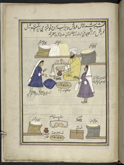 شال صوف خام يوزع على النساء للغزل ،  86 رسمة مجمعة في مجلد تصور الحرف والمهن في كشمير ، يظهر الحرفيون في العمل بأدواتهم ومعداتهم ،  بواسطة فنان من كشمير ، ربما في سريناغار ، حوالي 1850-60 ( بواسطة المدرسة الهندية
