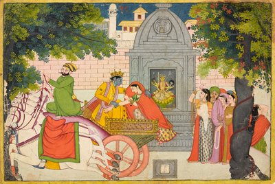 Rukmini يهرب مع كريشنا ، الورقة من Bhagavata Purana ، c.1780 بواسطة المدرسة الهندية