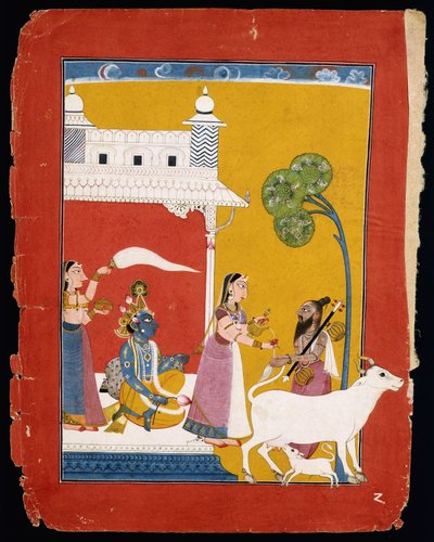 Rukmini تقدم الماء للحكيم نارادا بينما يجلس زوجها كريشنا في منزلها ، c.1725-1730 بواسطة المدرسة الهندية