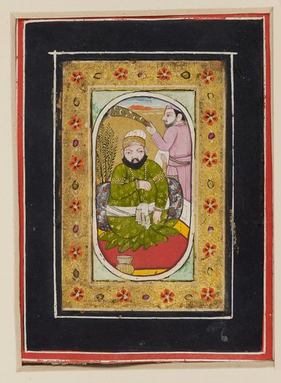 حاكم يرتدي جاما أخضر يحضره حامل مورشال، النصف الثاني من القرن الثامن عشر (غواش على ورق مقوى) بواسطة المدرسة الهندية