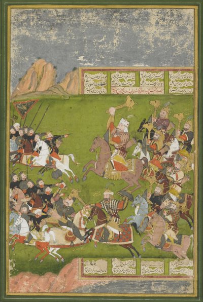 رستم يهزم أفراسياب ، من سلالة شاهنامة ، مغول (مرحاض غير شفاف وذهب على ورق) بواسطة المدرسة الهندية