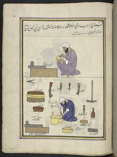 سروج ،  86 رسمة مجمعة في مجلد تصور الحرف والمهن في كشمير ، يظهر الحرفيون في العمل بأدواتهم ومعداتهم ،  بواسطة فنان من كشمير ، ربما في سريناغار ، حوالي 1850-60 (غواش على ورق) بواسطة المدرسة الهندية