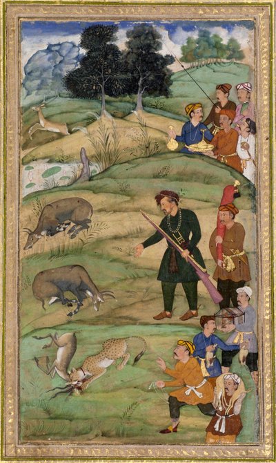 سالم يحمل بندقيته ، لفتات في نيلغا ميت ، c.1600 (مرحاض غير شفاف وذهب على ورق) بواسطة المدرسة الهندية