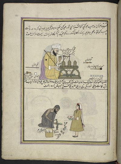 صانع الختم. مصلح الأحذية  86 رسمة مجمعة في مجلد تصور الحرف والمهن في كشمير ، يظهر الحرفيون في العمل بأدواتهم ومعداتهم ،  بواسطة فنان من كشمير ، ربما في سريناغار ، حوالي 1850-60 (غواش على ورق) بواسطة المدرسة الهندية