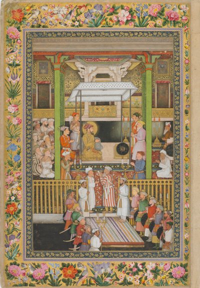 شاه جهان يكرم الأرثوذكسية الدينية ، صفحة من ألبوم سانت بطرسبرغ ، ج .1635 (ألوان مائية مبهمة وذهبية على ورق) بواسطة المدرسة الهندية