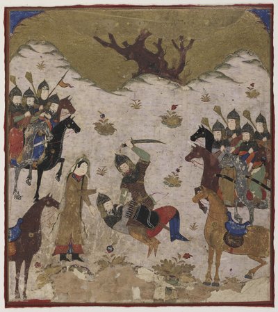 يعرّف شاهرو برزو على أنه حفيد رستم أثناء القتال الأخير بين رستم وبورزو ، حوالي 1425-50 (ألوان مائية غير شفافة وذهبية على ورق) بواسطة المدرسة الهندية