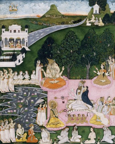 شيفا جالس على جلد نمر ، يحمل ديفي ملفوفة في عباءة ، c.1760 بواسطة المدرسة الهندية