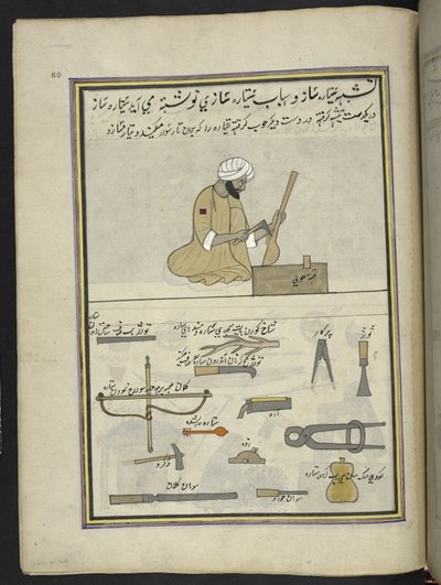 صانع سيتار ،  86 رسمة مجمعة في مجلد تصور الحرف والمهن في كشمير ، يظهر الحرفيون في العمل بأدواتهم ومعداتهم ،  بواسطة فنان من كشمير ، ربما في سريناغار ، حوالي 1850-60 (غواش على ورق) بواسطة المدرسة الهندية