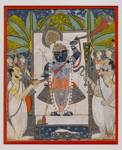 Sri Nathaji ، c.1775 (مرحاض غير شفاف ، ذهب وفضة على ورق) بواسطة المدرسة الهندية