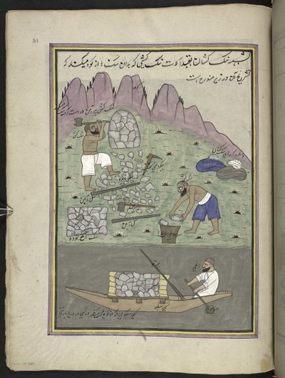 قواطع الحجارة ،  86 رسمة مجمعة في مجلد تصور الحرف والمهن في كشمير ، يظهر الحرفيون في العمل بأدواتهم ومعداتهم ،  بواسطة فنان من كشمير ، ربما في سريناغار ، حوالي 1850-60 (غواش على ورق) بواسطة المدرسة الهندية