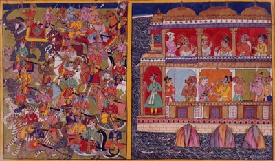 أبناء Sukesha يستعدون للمعركة ، من 'Ramayana ، Uttara Kanda' 1653 (ورق) بواسطة المدرسة الهندية