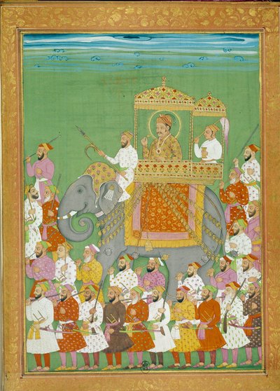 سلطان أكبر يركب فيلًا مع بلاط شاه عالم. صورة مصغرة من قصة سفر كتبها نيكولو مانوتشي (1638 - 1717) ، مستكشف البندقية. الهند بواسطة المدرسة الهندية