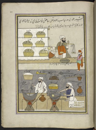 صناع الحلويات ،  86 رسمة مجمعة في مجلد تصور الحرف والمهن في كشمير ، يظهر الحرفيون في العمل بأدواتهم ومعداتهم ،  بواسطة فنان من كشمير ، ربما في سريناغار ، حوالي 1850-60 (غواش على ورق) بواسطة المدرسة الهندية
