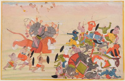 ديفي يهزم ماهيساسورا ، الورقة من سلسلة ديفي ماهاتمييا المتفرقة ، c.1770-80 (مرحاض على ورق) بواسطة المدرسة الهندية