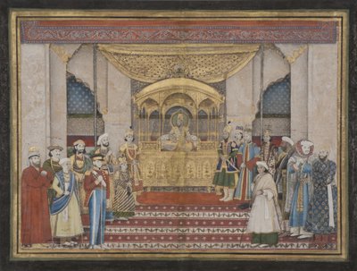 الإمبراطور المغولي بهادور شاه الثاني في دربار ، 1839 (مرحاض غير شفاف وذهب على ورق) بواسطة المدرسة الهندية
