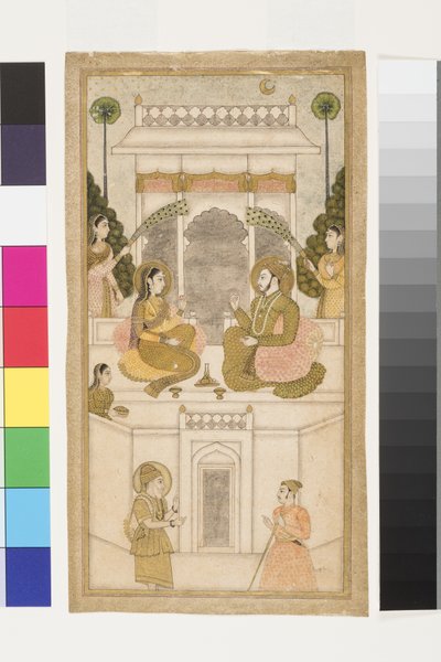 سلطان جولكوندا ، قولي قطب شاه ، يجلس مع رفيقه ، 1700-25 (مرحاض غير شفاف وذهب على ورق) بواسطة المدرسة الهندية