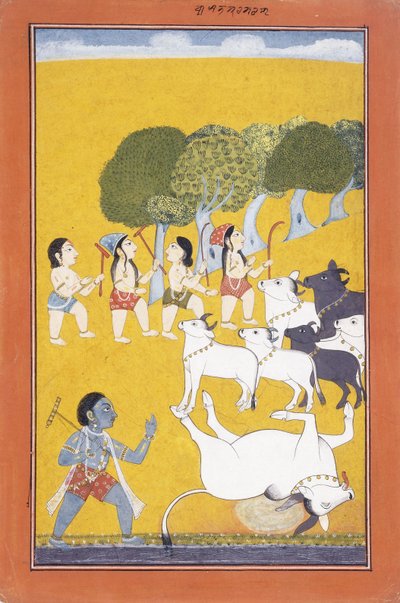 الشاب كريشنا يقتل الشيطان فاتسورا ، الذي جاء تحت غطاء العجل ، 1730-1740 بواسطة المدرسة الهندية