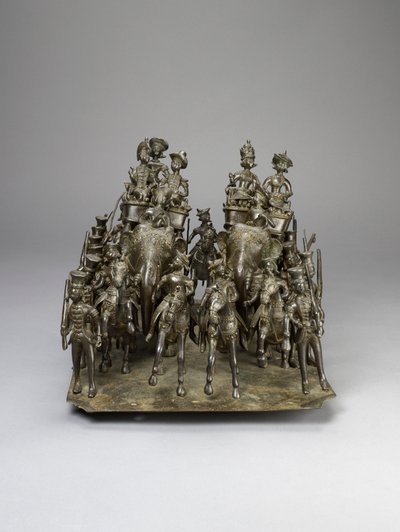 موكب ملك العود يركب مع المقيم البريطاني على الأفيال حوالي عام 1820 (برونزي) بواسطة المدرسة الهندية