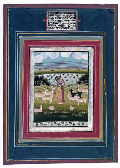 Todi ragini - سيدة تلعب فينا في المناظر الطبيعية مع الحيوانات ، 1810-1820 بواسطة المدرسة الهندية