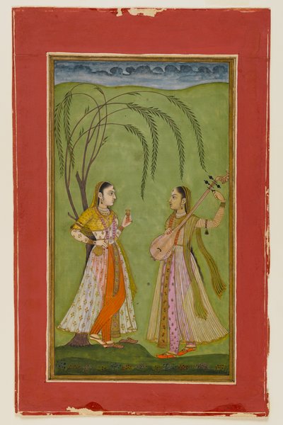 سيدتان في المناظر الطبيعية ، ج .1725 (مرحاض غير شفاف على الورق) بواسطة المدرسة الهندية