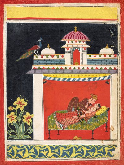 عاشقان في جناح ، من "Amarushataka" (مائة قصيدة من Amaru) ، أو سلسلة إيروتيكية مجهولة الهوية ، حوالي عام 1680 (ألوان مائية غير شفافة وذهبية على ورق) بواسطة المدرسة الهندية
