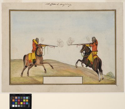 جنديان على ظهرهما يتبادلان نيران البندقية حوالي عام 1830 (ألوان مائية غير شفافة وذهبية على ورق) بواسطة المدرسة الهندية