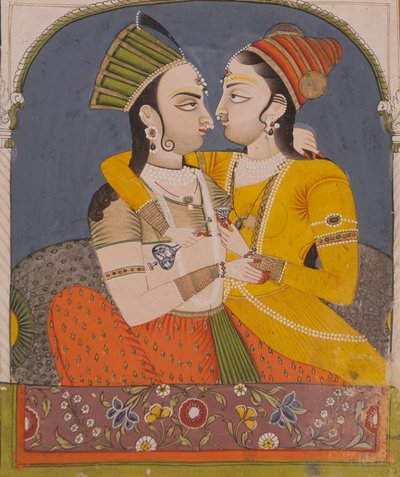 ملكتان يتشاركان مشروبًا ، من العشاق يحتضنون في قبة ، c.1780 (مرحاض غير شفاف وذهب على ورق) بواسطة المدرسة الهندية