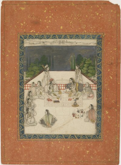 امرأتان تجلسان على الشرفة ، ويحيط بهما الحضور والموسيقيون ، 1650 ج (مرحاض غير شفاف وذهب على ورق) بواسطة المدرسة الهندية