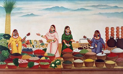 سوق الخضار والتوابل في بيناريس ، c.1840 بواسطة المدرسة الهندية