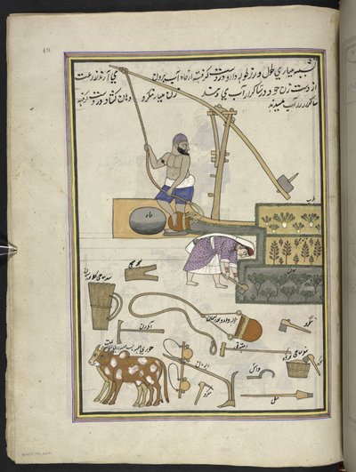 مزارعو الخضار مع البئر ،  86 رسماً مجلداً في مجلد يصور الحرف والمهن في كشمير ، يظهر الحرفيون في العمل بأدواتهم ومعداتهم ،  بواسطة فنان من كشمير ، ربما في سريناغار ، حوالي 1850-60 (غواش على ورق) بواسطة المدرسة الهندية